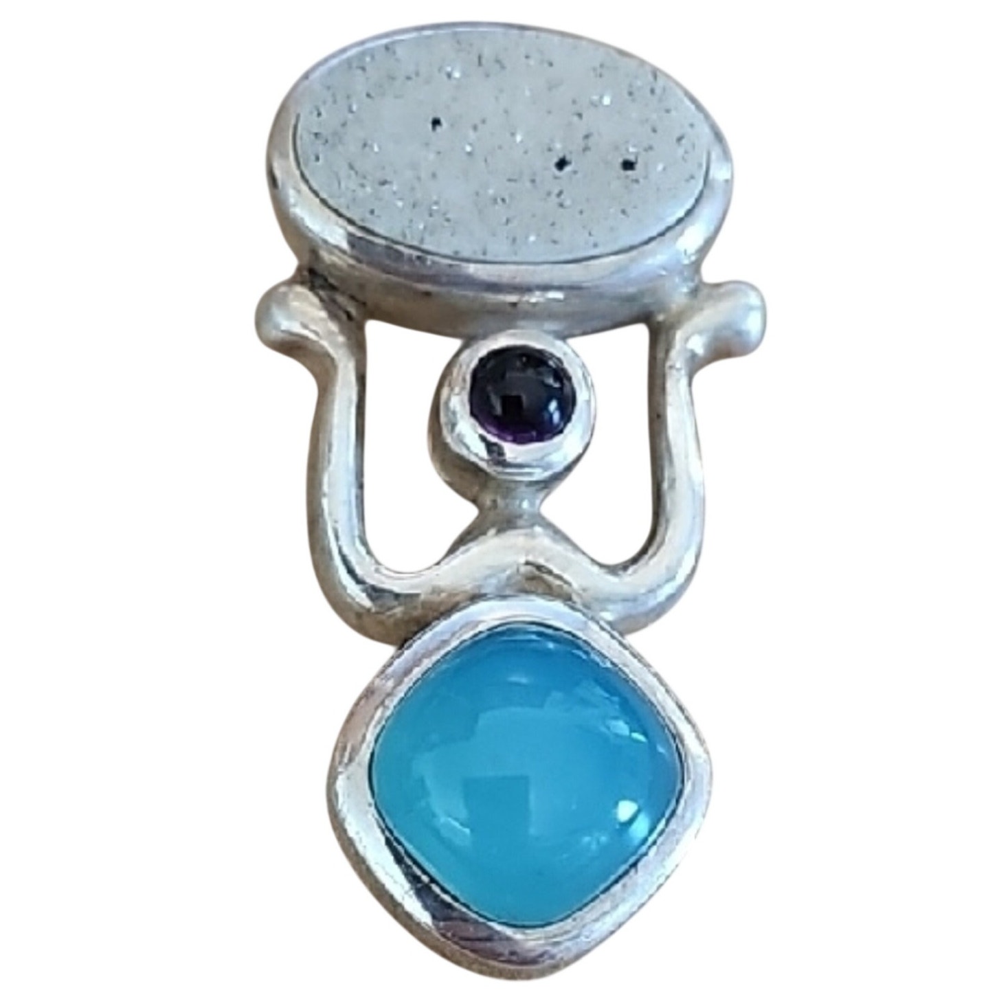Vtg Artisian Made 925 Silver Turquoise Glass Amethyst Accent Druzy Drop Pendant 59$